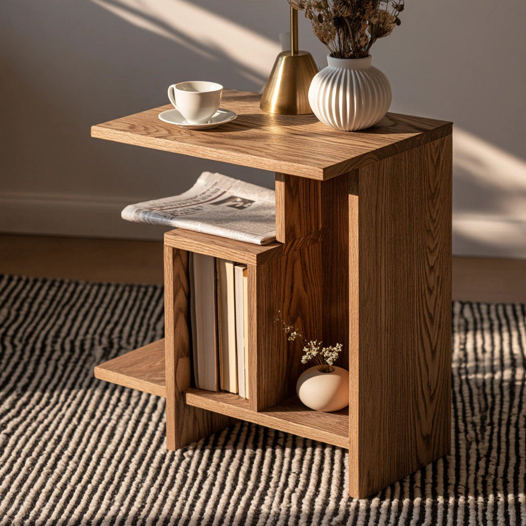 Tavolino laterale in legno finitura rovere, colore marrone chiaro e rovere chiaro