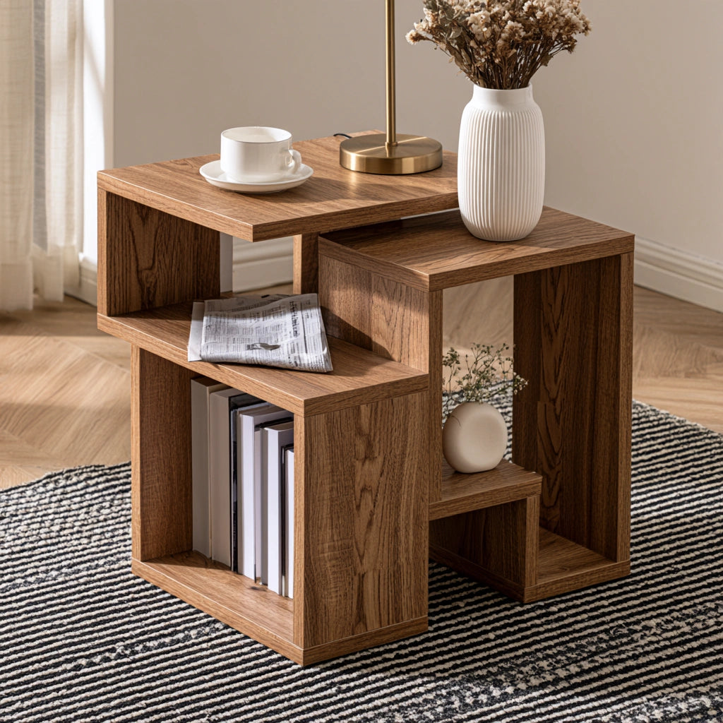 Tavolino laterale in legno finitura rovere, colore marrone chiaro e rovere chiaro