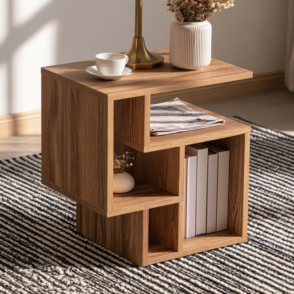 Tavolino laterale in legno finitura rovere, colore marrone chiaro e rovere chiaro